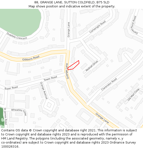 88, GRANGE LANE, SUTTON COLDFIELD, B75 5LD: Location map and indicative extent of plot
