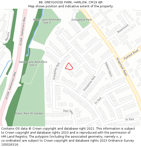 88, GREYGOOSE PARK, HARLOW, CM19 4JR: Location map and indicative extent of plot