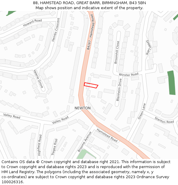 88, HAMSTEAD ROAD, GREAT BARR, BIRMINGHAM, B43 5BN: Location map and indicative extent of plot