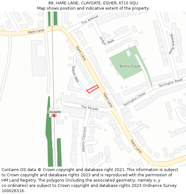 88, HARE LANE, CLAYGATE, ESHER, KT10 0QU: Location map and indicative extent of plot