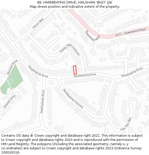 88, HAREBEATING DRIVE, HAILSHAM, BN27 1JW: Location map and indicative extent of plot