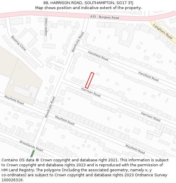 88, HARRISON ROAD, SOUTHAMPTON, SO17 3TJ: Location map and indicative extent of plot