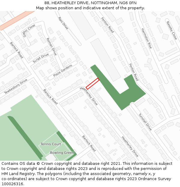 88, HEATHERLEY DRIVE, NOTTINGHAM, NG6 0FN: Location map and indicative extent of plot