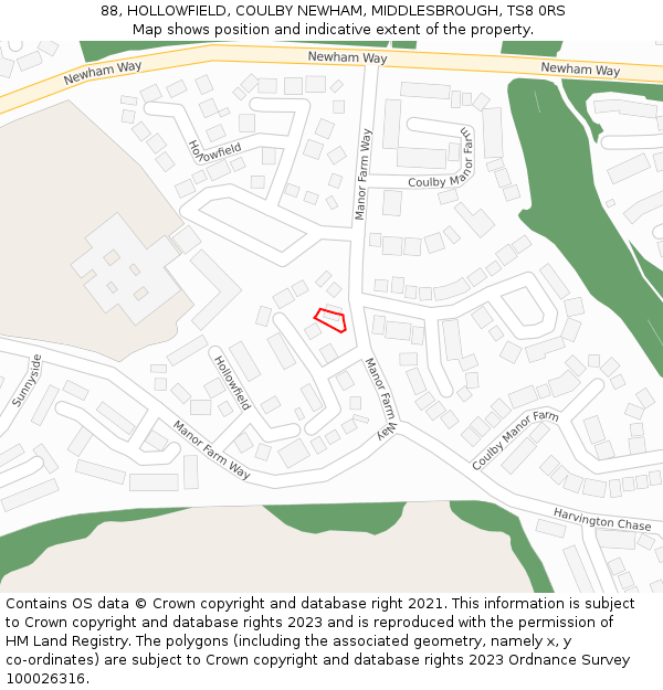 88, HOLLOWFIELD, COULBY NEWHAM, MIDDLESBROUGH, TS8 0RS: Location map and indicative extent of plot