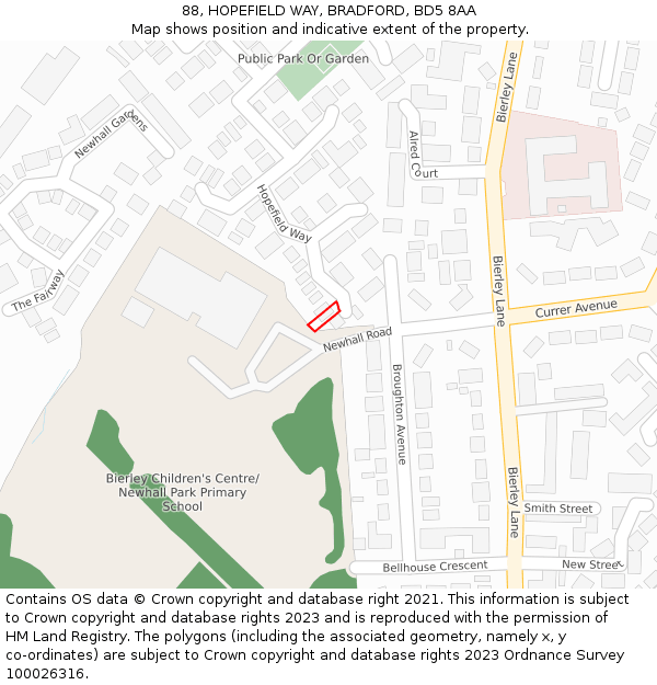 88, HOPEFIELD WAY, BRADFORD, BD5 8AA: Location map and indicative extent of plot
