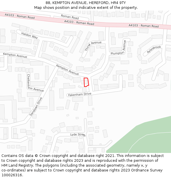 88, KEMPTON AVENUE, HEREFORD, HR4 9TY: Location map and indicative extent of plot