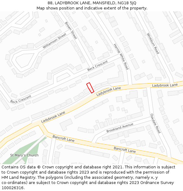 88, LADYBROOK LANE, MANSFIELD, NG18 5JQ: Location map and indicative extent of plot