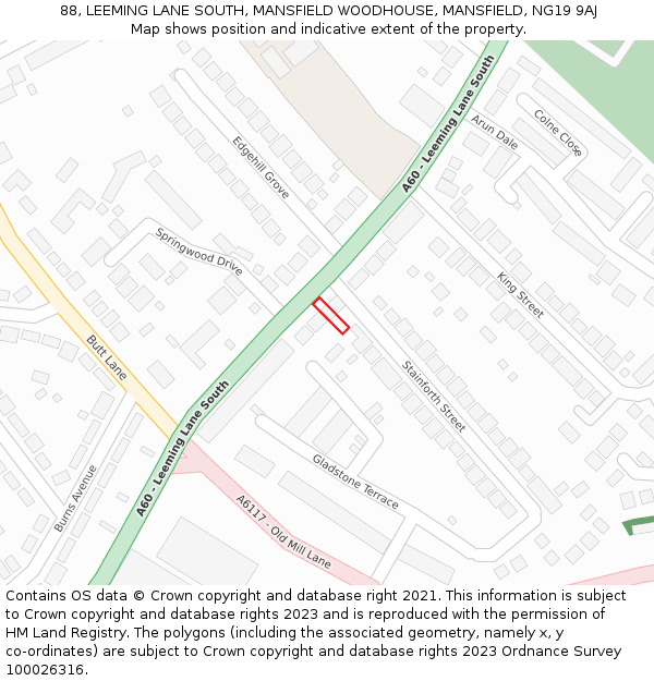 88, LEEMING LANE SOUTH, MANSFIELD WOODHOUSE, MANSFIELD, NG19 9AJ: Location map and indicative extent of plot