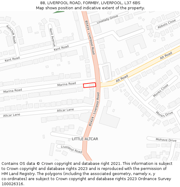 88, LIVERPOOL ROAD, FORMBY, LIVERPOOL, L37 6BS: Location map and indicative extent of plot