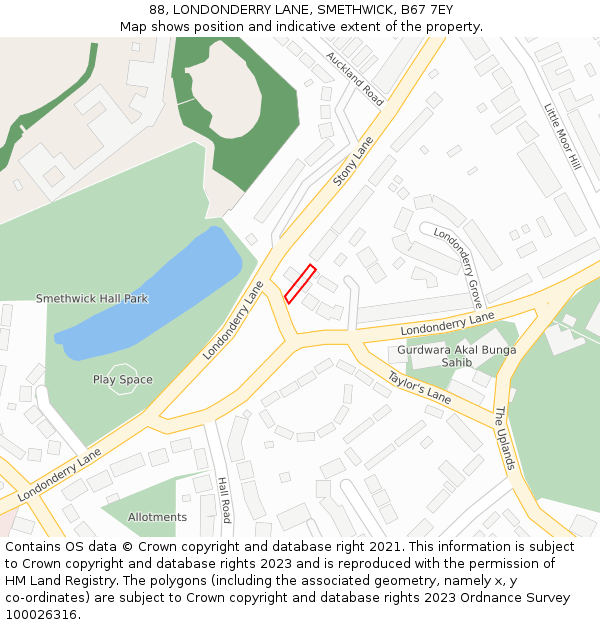88, LONDONDERRY LANE, SMETHWICK, B67 7EY: Location map and indicative extent of plot