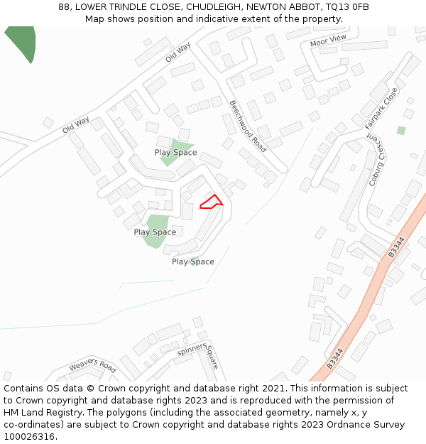 88, LOWER TRINDLE CLOSE, CHUDLEIGH, NEWTON ABBOT, TQ13 0FB: Location map and indicative extent of plot
