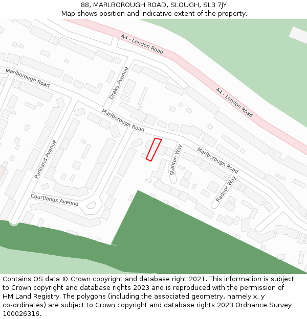 88, MARLBOROUGH ROAD, SLOUGH, SL3 7JY: Location map and indicative extent of plot