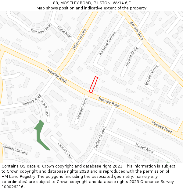 88, MOSELEY ROAD, BILSTON, WV14 6JE: Location map and indicative extent of plot