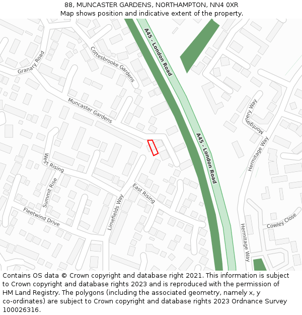88, MUNCASTER GARDENS, NORTHAMPTON, NN4 0XR: Location map and indicative extent of plot