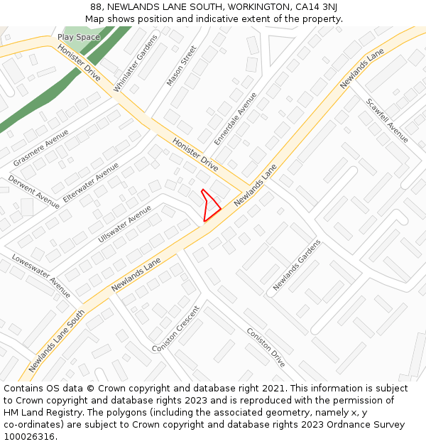 88, NEWLANDS LANE SOUTH, WORKINGTON, CA14 3NJ: Location map and indicative extent of plot