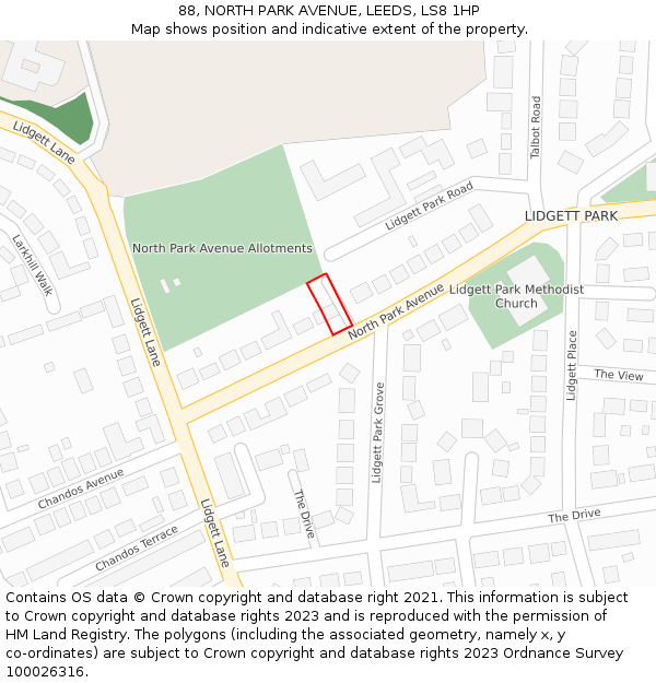 88, NORTH PARK AVENUE, LEEDS, LS8 1HP: Location map and indicative extent of plot