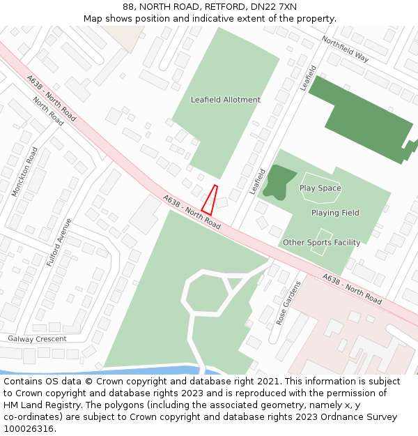 88, NORTH ROAD, RETFORD, DN22 7XN: Location map and indicative extent of plot