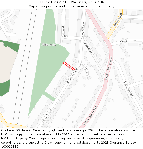88, OXHEY AVENUE, WATFORD, WD19 4HA: Location map and indicative extent of plot