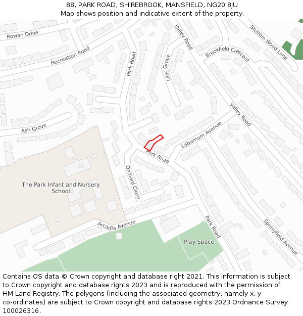 88, PARK ROAD, SHIREBROOK, MANSFIELD, NG20 8JU: Location map and indicative extent of plot
