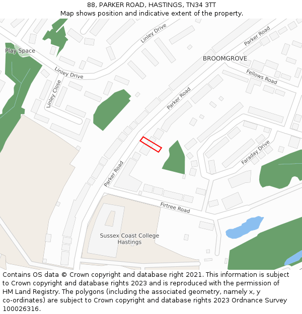 88, PARKER ROAD, HASTINGS, TN34 3TT: Location map and indicative extent of plot