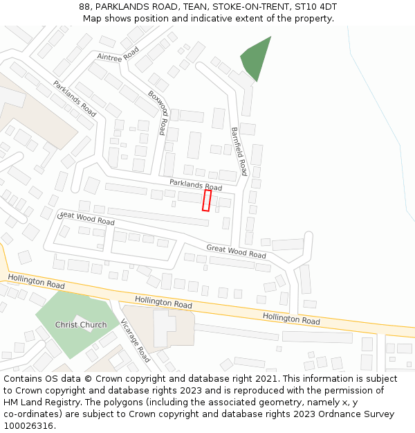 88, PARKLANDS ROAD, TEAN, STOKE-ON-TRENT, ST10 4DT: Location map and indicative extent of plot