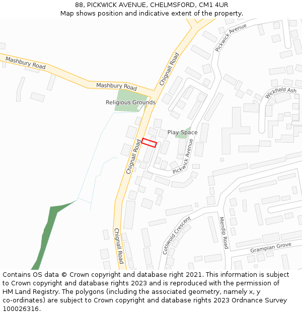 88, PICKWICK AVENUE, CHELMSFORD, CM1 4UR: Location map and indicative extent of plot