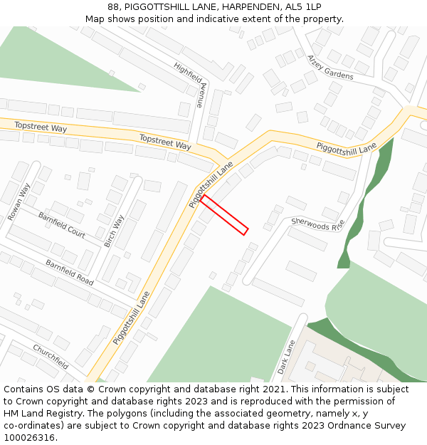 88, PIGGOTTSHILL LANE, HARPENDEN, AL5 1LP: Location map and indicative extent of plot