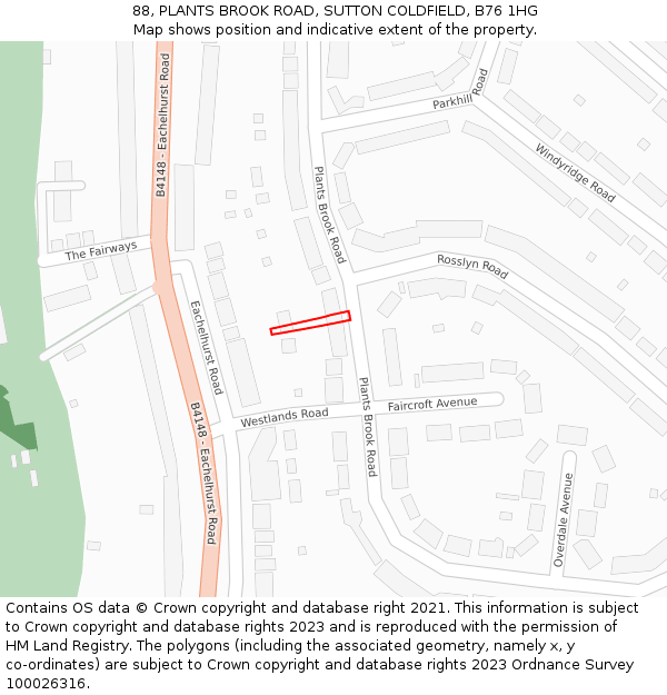 88, PLANTS BROOK ROAD, SUTTON COLDFIELD, B76 1HG: Location map and indicative extent of plot