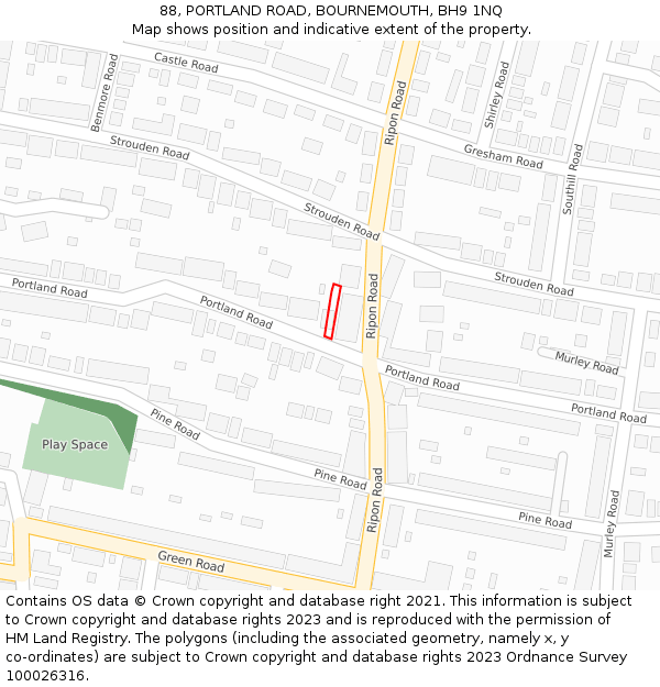 88, PORTLAND ROAD, BOURNEMOUTH, BH9 1NQ: Location map and indicative extent of plot