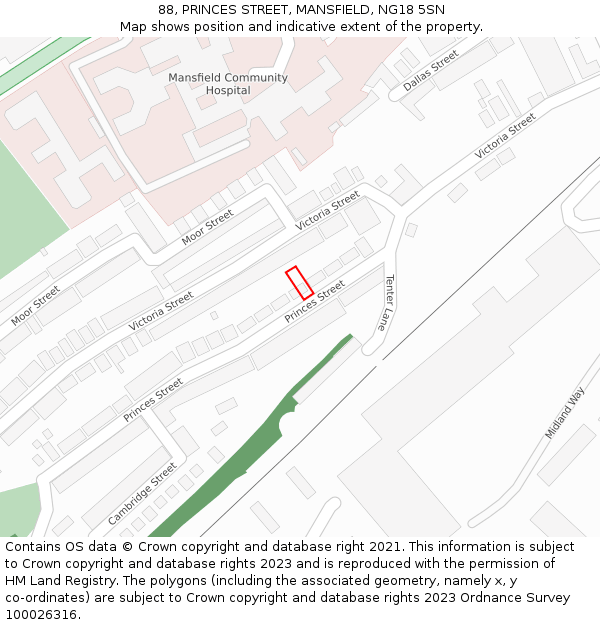 88, PRINCES STREET, MANSFIELD, NG18 5SN: Location map and indicative extent of plot