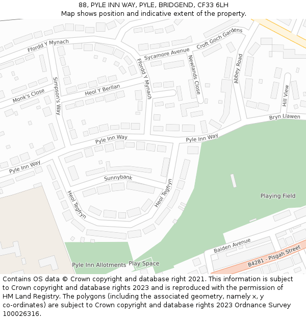 88, PYLE INN WAY, PYLE, BRIDGEND, CF33 6LH: Location map and indicative extent of plot