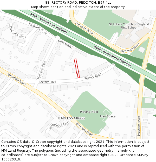 88, RECTORY ROAD, REDDITCH, B97 4LL: Location map and indicative extent of plot
