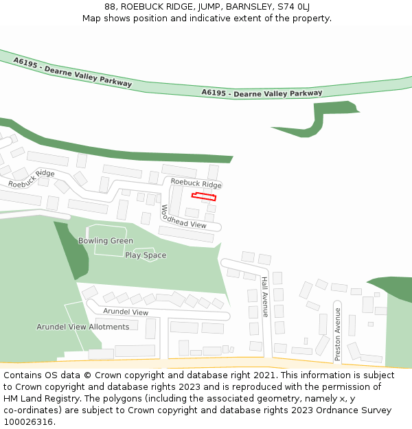 88, ROEBUCK RIDGE, JUMP, BARNSLEY, S74 0LJ: Location map and indicative extent of plot