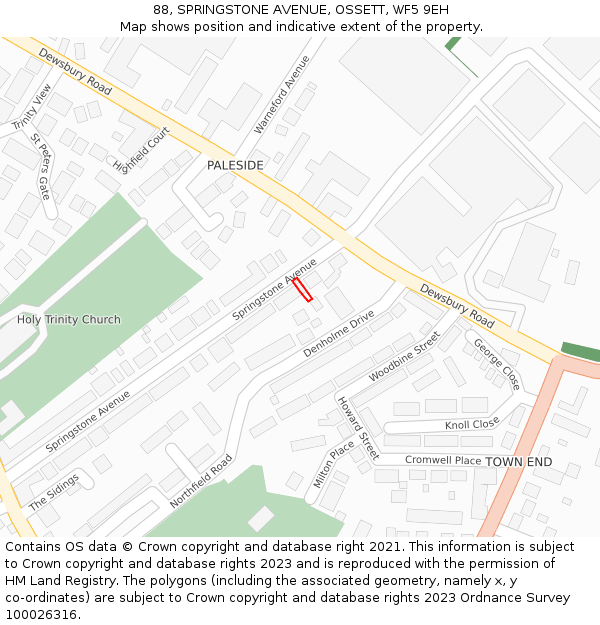 88, SPRINGSTONE AVENUE, OSSETT, WF5 9EH: Location map and indicative extent of plot