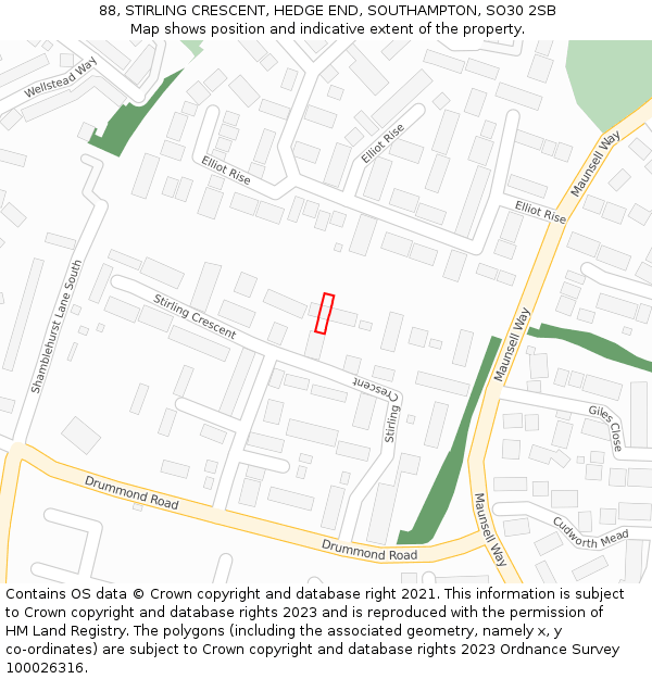 88, STIRLING CRESCENT, HEDGE END, SOUTHAMPTON, SO30 2SB: Location map and indicative extent of plot