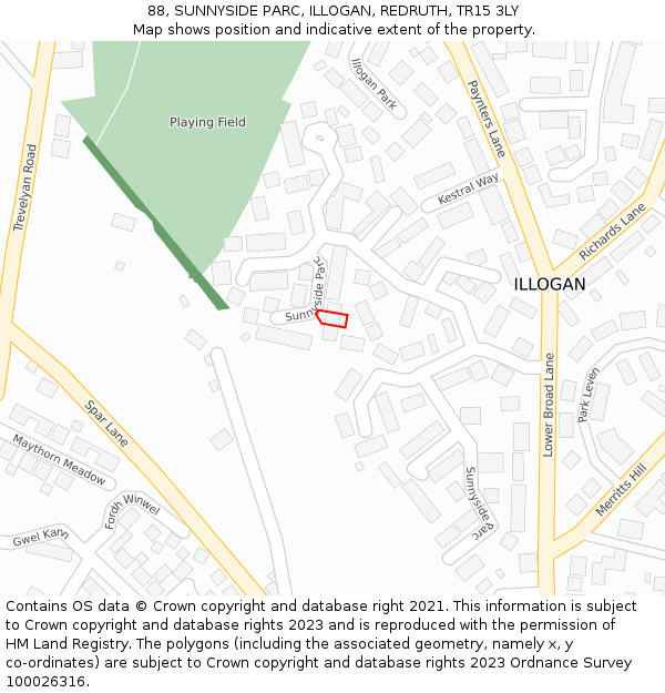 88, SUNNYSIDE PARC, ILLOGAN, REDRUTH, TR15 3LY: Location map and indicative extent of plot