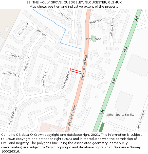 88, THE HOLLY GROVE, QUEDGELEY, GLOUCESTER, GL2 4UX: Location map and indicative extent of plot