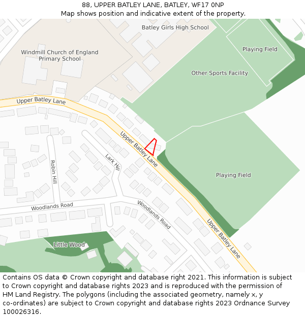 88, UPPER BATLEY LANE, BATLEY, WF17 0NP: Location map and indicative extent of plot