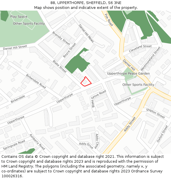 88, UPPERTHORPE, SHEFFIELD, S6 3NE: Location map and indicative extent of plot