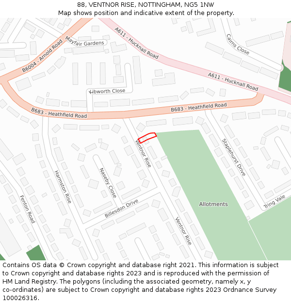 88, VENTNOR RISE, NOTTINGHAM, NG5 1NW: Location map and indicative extent of plot