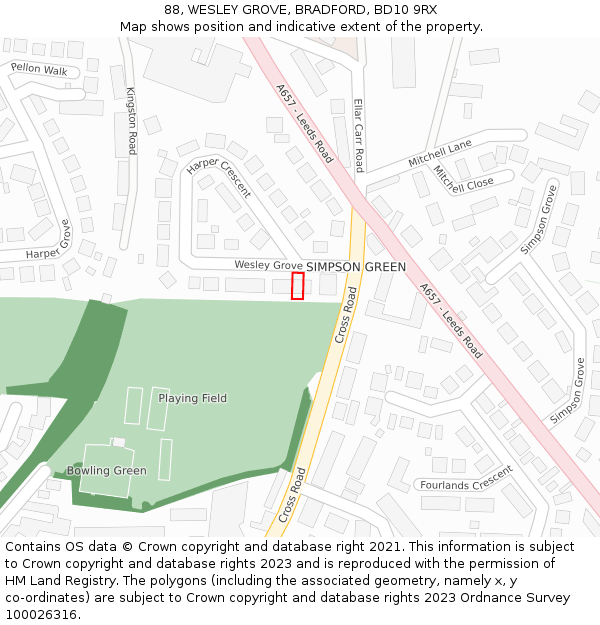 88, WESLEY GROVE, BRADFORD, BD10 9RX: Location map and indicative extent of plot