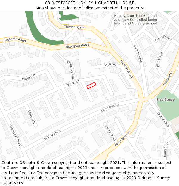88, WESTCROFT, HONLEY, HOLMFIRTH, HD9 6JP: Location map and indicative extent of plot