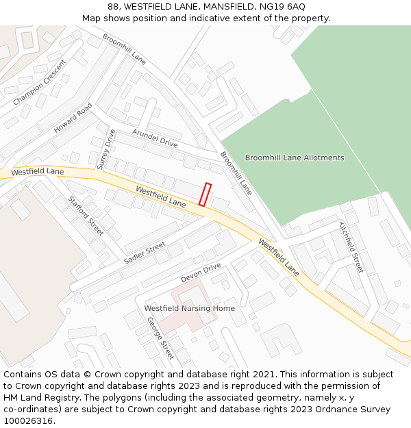 88, WESTFIELD LANE, MANSFIELD, NG19 6AQ: Location map and indicative extent of plot
