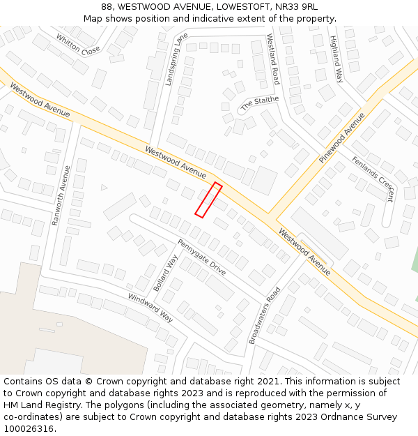 88, WESTWOOD AVENUE, LOWESTOFT, NR33 9RL: Location map and indicative extent of plot
