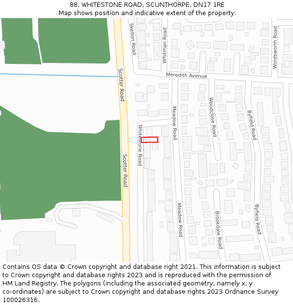 88, WHITESTONE ROAD, SCUNTHORPE, DN17 1RE: Location map and indicative extent of plot