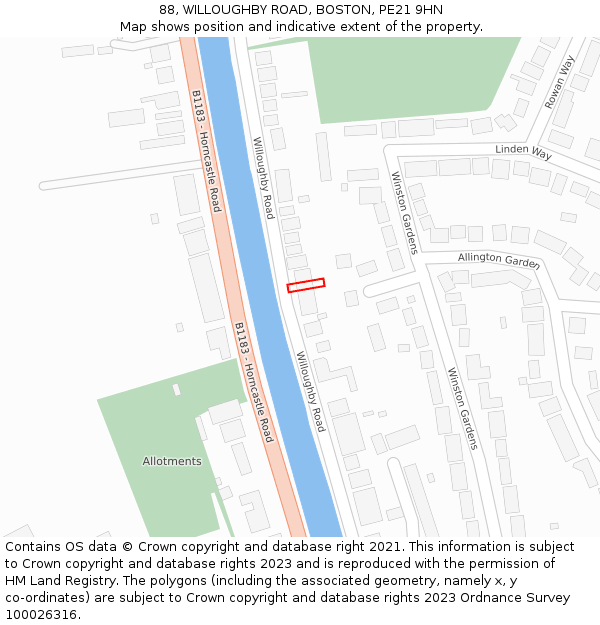 88, WILLOUGHBY ROAD, BOSTON, PE21 9HN: Location map and indicative extent of plot