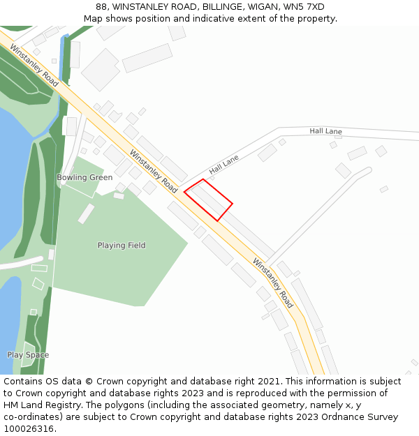 88, WINSTANLEY ROAD, BILLINGE, WIGAN, WN5 7XD: Location map and indicative extent of plot