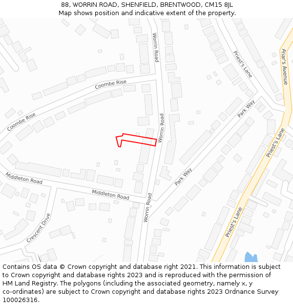 88, WORRIN ROAD, SHENFIELD, BRENTWOOD, CM15 8JL: Location map and indicative extent of plot