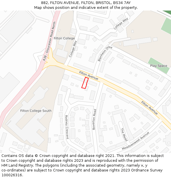 882, FILTON AVENUE, FILTON, BRISTOL, BS34 7AY: Location map and indicative extent of plot