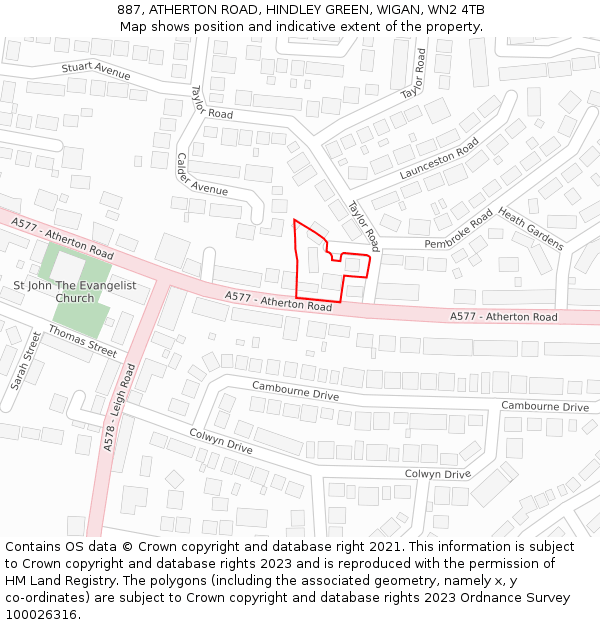 887, ATHERTON ROAD, HINDLEY GREEN, WIGAN, WN2 4TB: Location map and indicative extent of plot